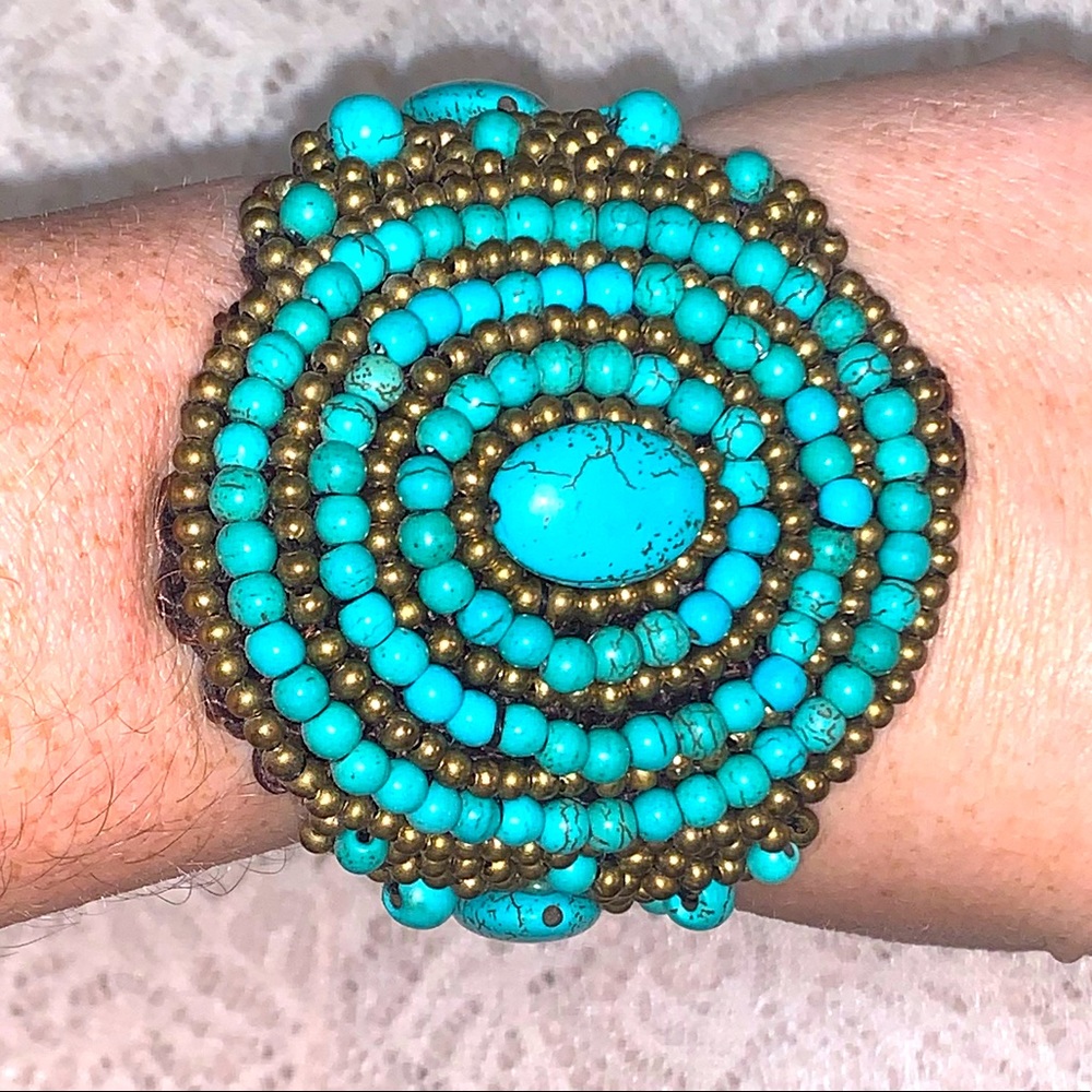 Turquoise & Gold Beaded Bracelet Cuff